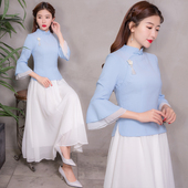 春夏复古旗袍上衣女改良唐装女装中式套装禅意茶服民国风汉表演服