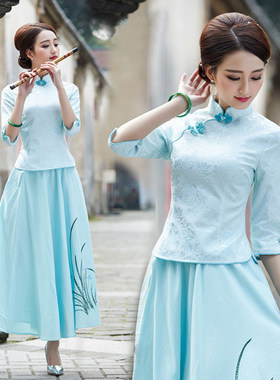复古民族中国风春装两件茶人服女