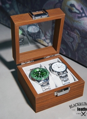 手表收纳盒2位 黑胡桃木纹高档木质表盒机械腕表展示收藏灰色内饰