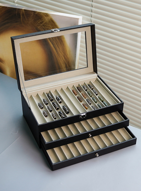 天然散珠三七九眼天珠收纳盒皮革大容量三层36位收藏展示箱防尘盖