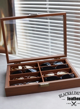 8位黑胡桃木纹眼镜收纳收藏展示盒 家用高档多格墨镜太阳镜收纳盒