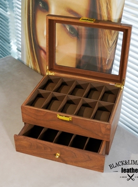 10位手表5位眼镜 黑胡桃木双层收纳盒家用防尘透明天窗墨镜展示盒