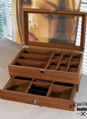 大容量双层复古胡桃木纹手表眼镜手链手镯首饰盒戒指项链收纳盒子