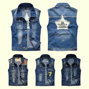 修身 牛仔马甲男士 破洞背心男装 潮无袖 马甲 夏秋季 坎肩马夹大码 韩版
