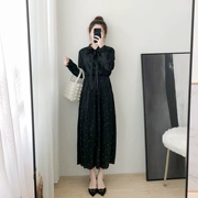 Xuân 2018 mới to size nữ nhỏ tươi in họa tiết tay dài đầm nơ xếp li dài nữ - Váy dài