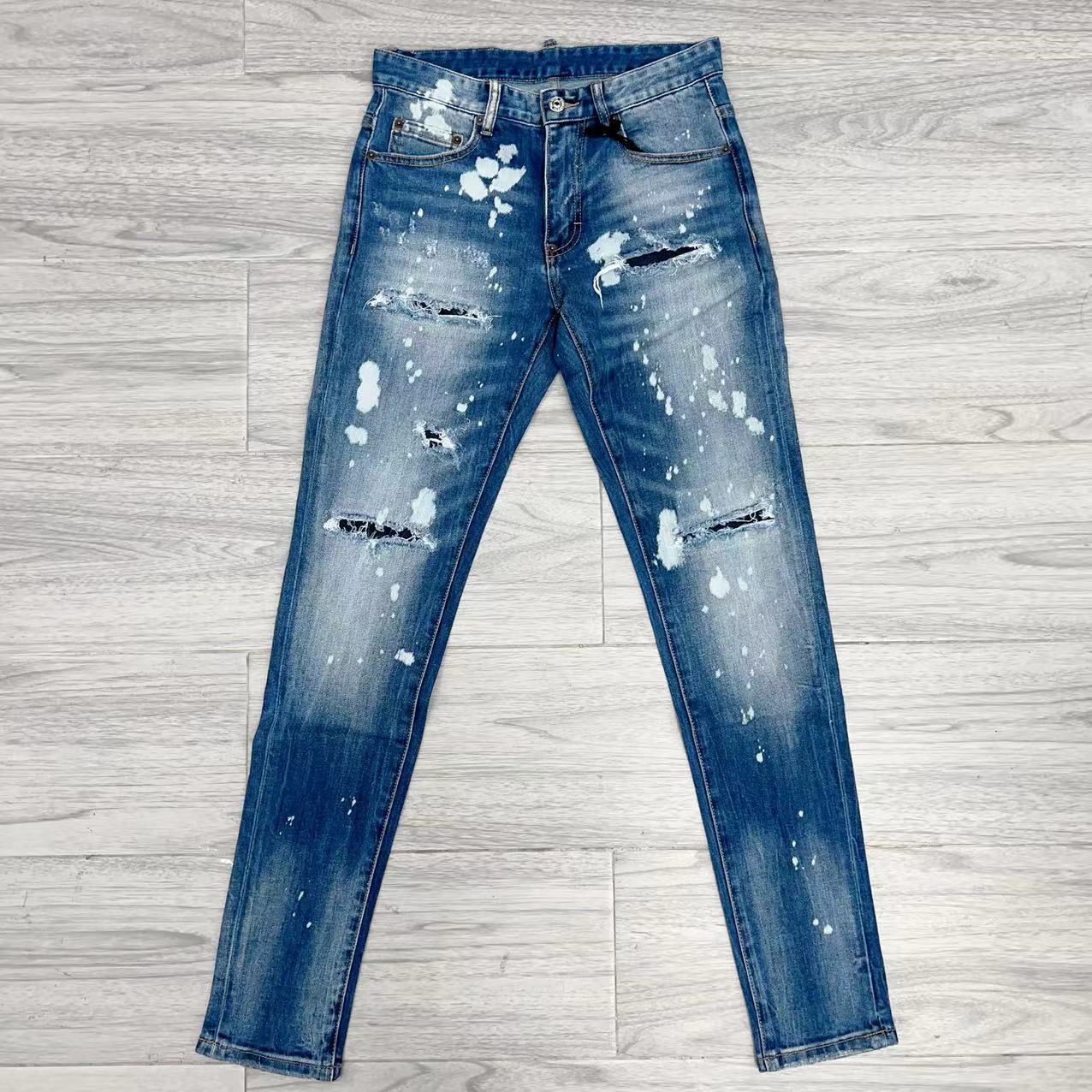 欧美潮牌男装深蓝色白漆牛仔裤