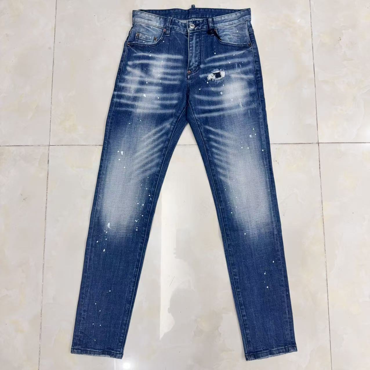 欧美潮牌新款d2牛仔裤男蓝色破洞补丁印花修身白点弹力男士长裤子