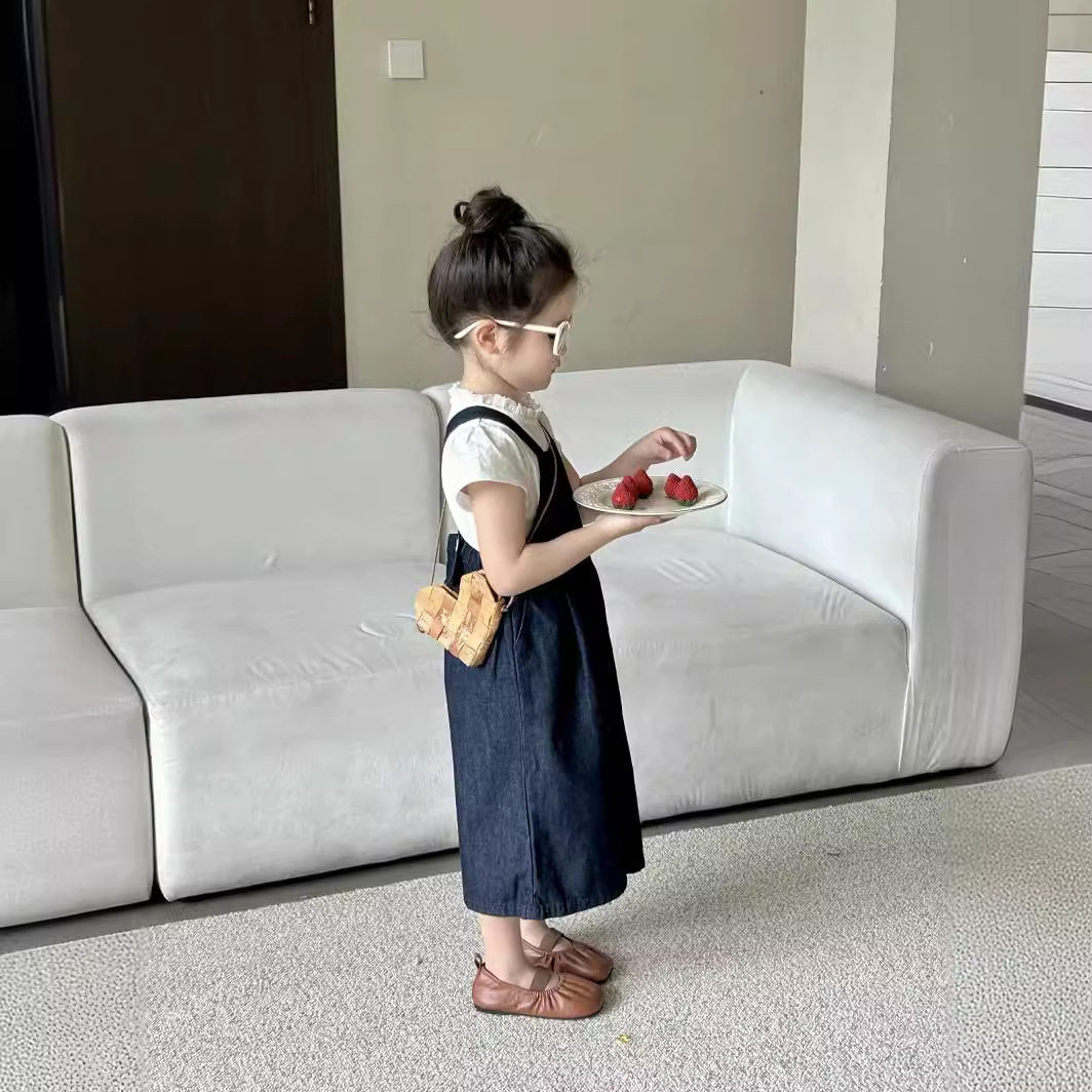 女童牛仔背带裤套装2025春夏韩版童装阔腿裤宝宝花边上衣九分裤子