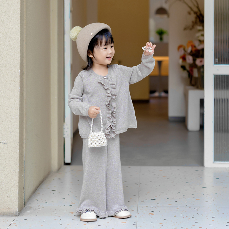 顺滑舒服｜秋冬季女童花边针织套装 宝宝金丝开衫+阔腿裤可爱毛衣