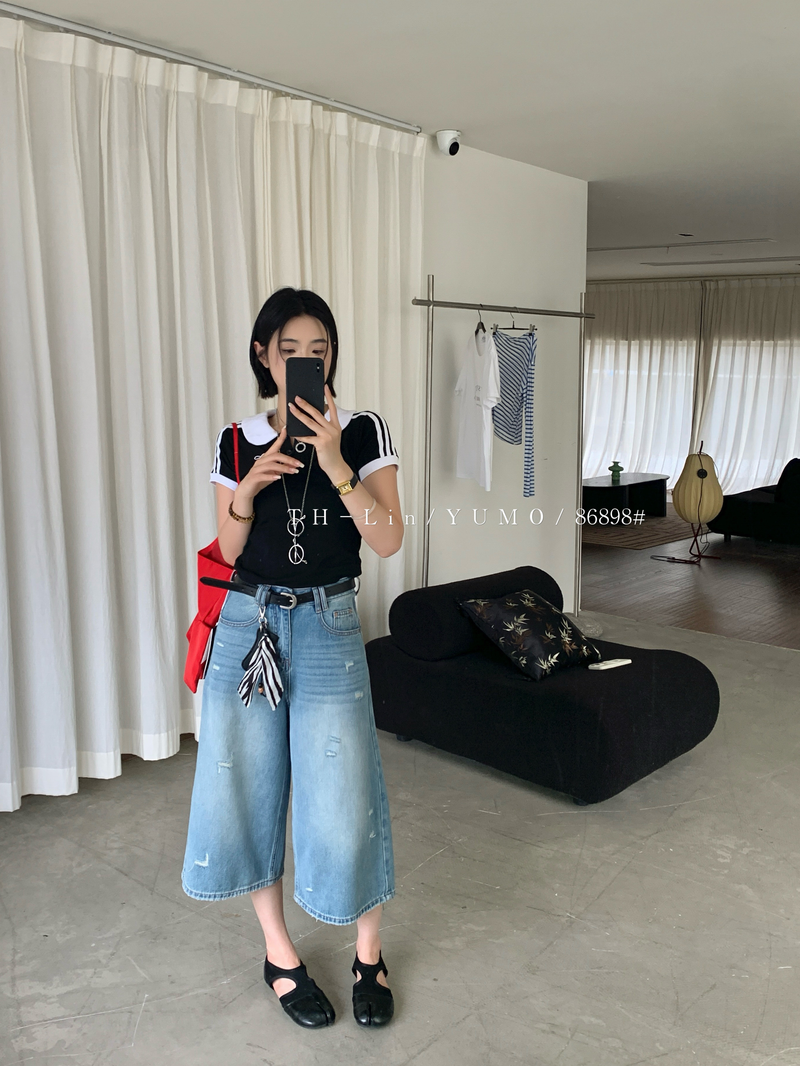 86898复古蓝阔腿牛仔短裤女2026新款高腰宽松显瘦垂感直筒七分裤