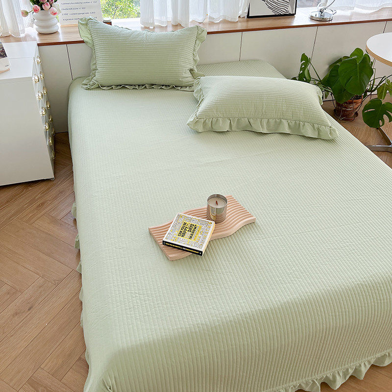 公主风纯色荷叶边夹棉床盖三件套40支纯棉水洗棉防滑榻榻米床单,床上用品,床盖,淘宝优惠券,粉丝福利购,淘宝优惠卷