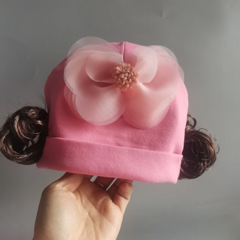 婴儿帽子假发帽春秋纯棉韩版可爱超萌花朵胎帽宝宝套头帽6-18月