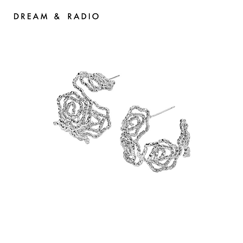 Dream&Radio镂空玫瑰花耳环女纯银耳针个性法式复古高级感耳饰