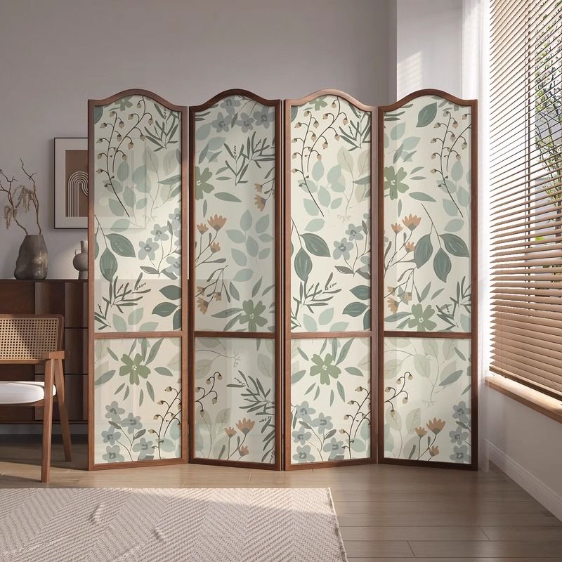 现代美式田园花卉屏风隔断客厅入户玄关卧室酒店遮挡实木折叠移动