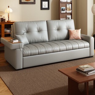 猫抓皮沙发床多功能两用可储物小户型书房钢琴键边几扶手沙发