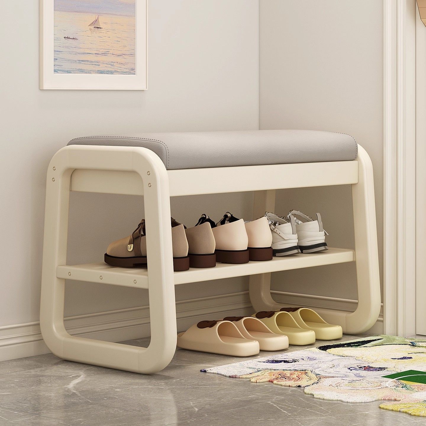 实木换鞋凳门口小户型家用简易入户储物穿鞋凳一体可坐奶油风鞋柜