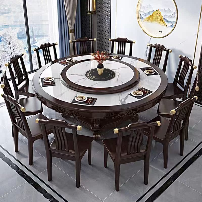 新中式实木岩板餐桌椅组合圆形饭桌家用10人高端酒店大圆桌
