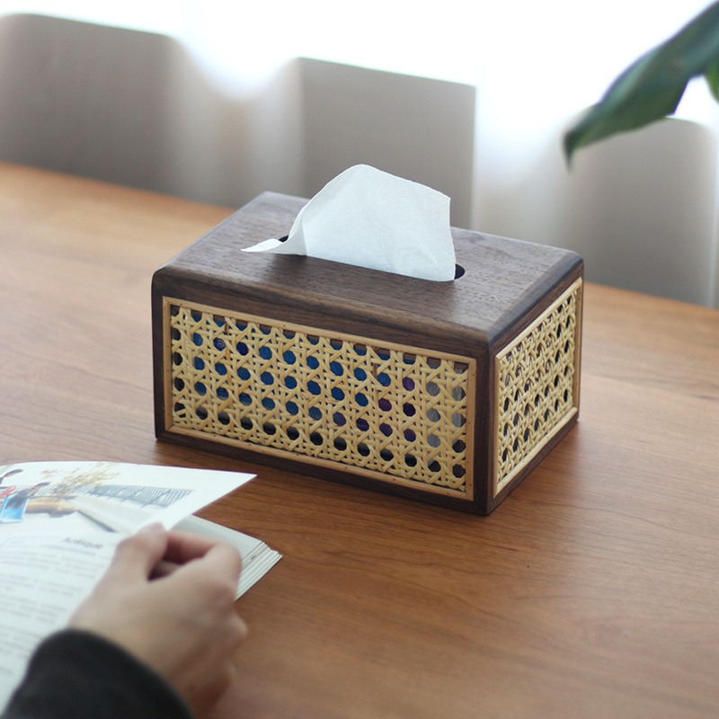 黑胡桃木 藤编纸巾盒 轻奢实木抽纸盒 家用客厅办公室