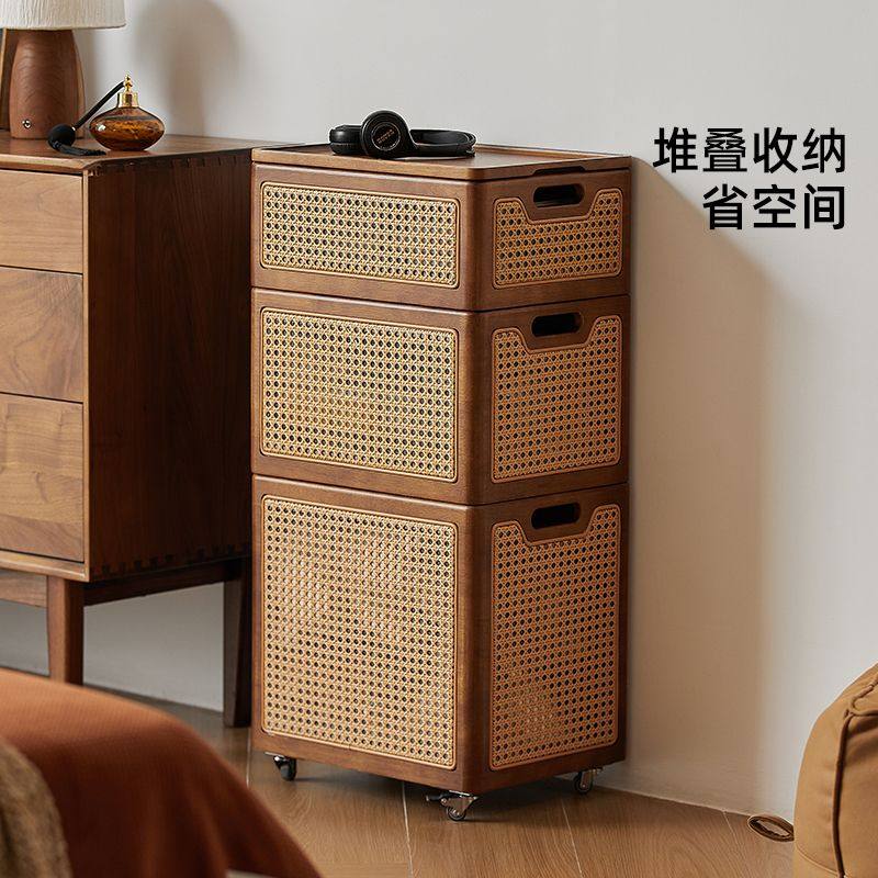 藤编实木脏衣篓收纳带盖带轮大容量可叠放衣服储物箱家用整理