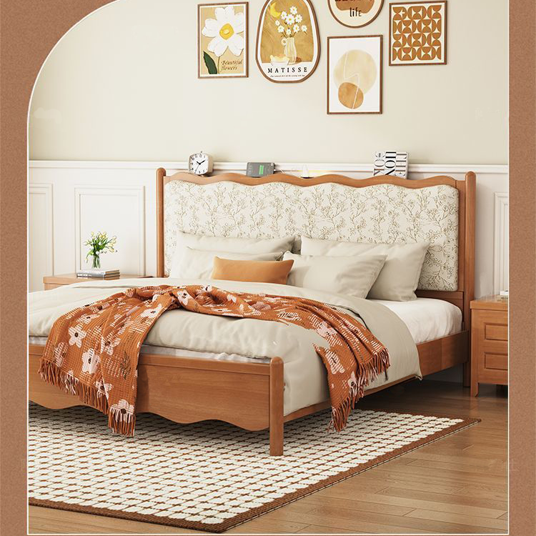 实木床 北欧风 原木色 1.5米 小户型 中古风 1.8双人 印花软包床