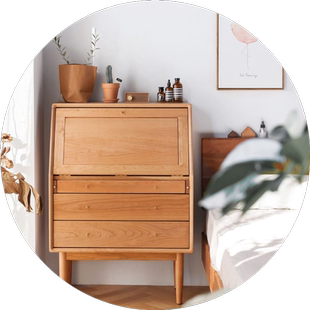 北欧简约设计中古秘书柜梳妆台欧式收纳柜实木书桌柜书桌书柜带