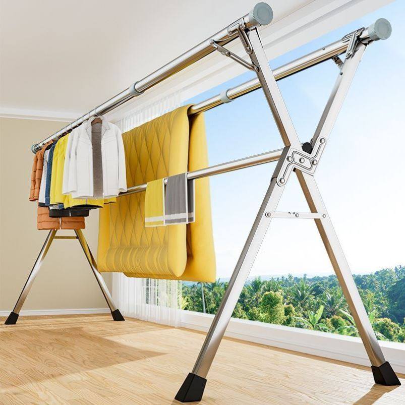 【免安装可折叠】全不锈钢特粗伸缩落地家用晾衣架户外阳台晒被子