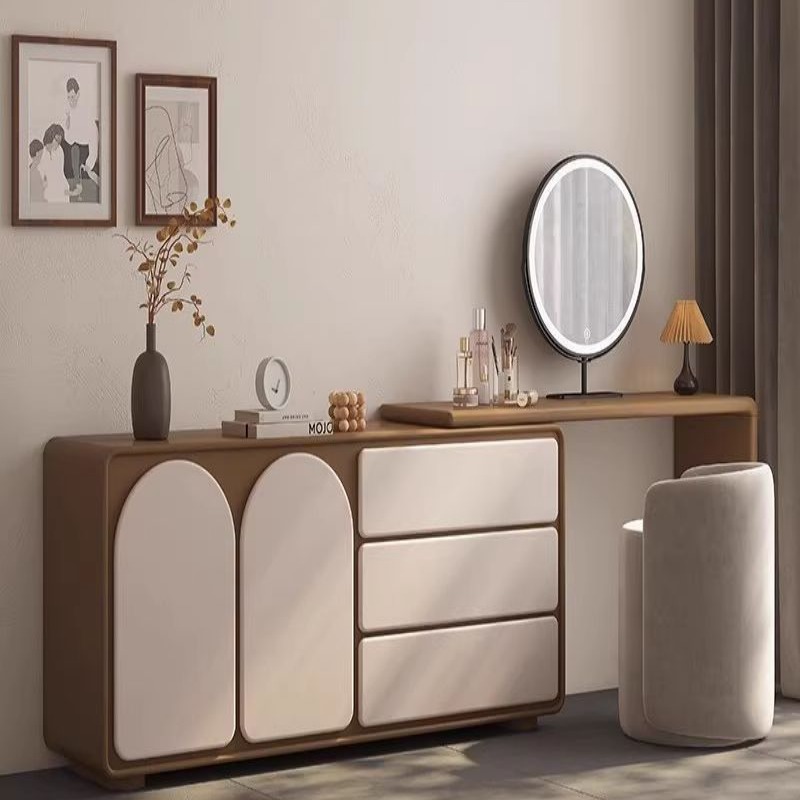 中古风实木简约卧室小户型梳妆台斗柜一体可伸缩转角奶油风化妆桌