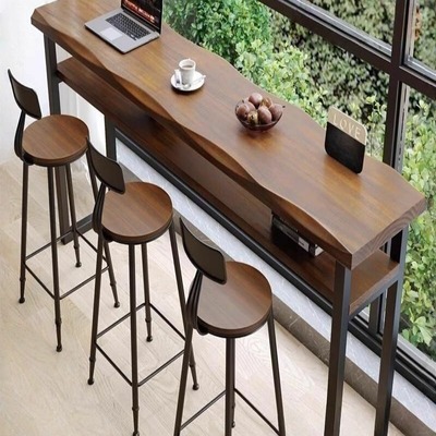 吧台桌 长条双层实木 阳台靠墙 窗前桌 定制复古高脚桌 家用
