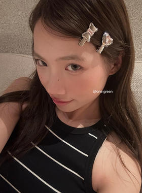 ONEGREEN 粉色系水钻蝴蝶结爱心银色金属发夹 甜美少女碎发鸭嘴夹