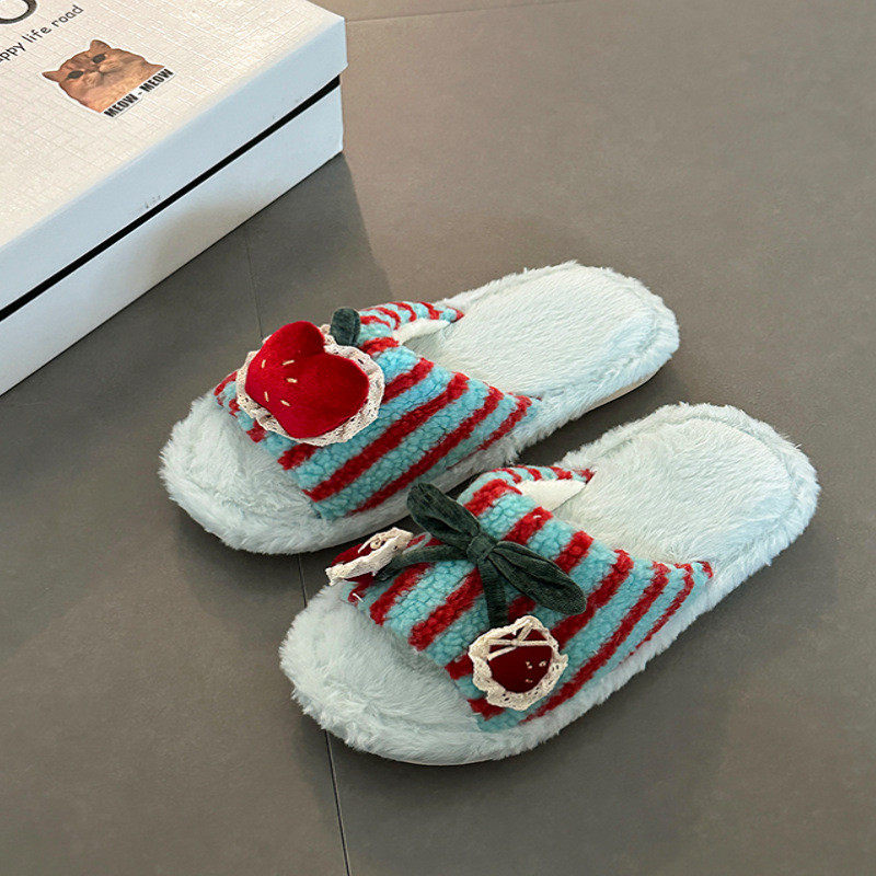 女生秋冬季可爱卡通樱桃条纹平底毛毛棉拖鞋居家保暖一字拖