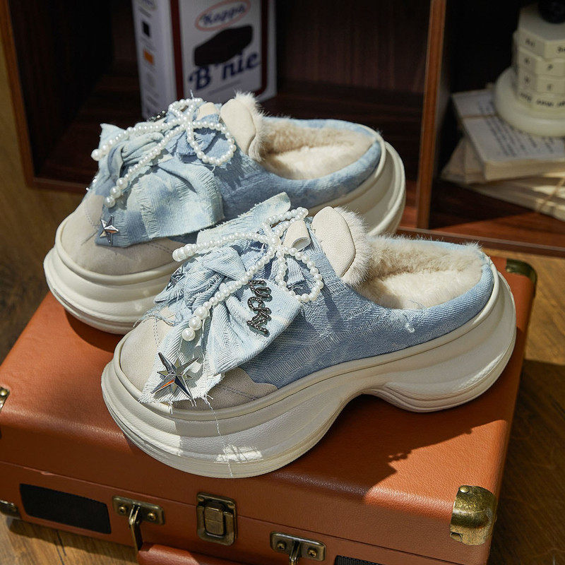 女士秋冬保暖小蛮腰牛仔棉拖鞋厚底增高包头居家外穿时尚