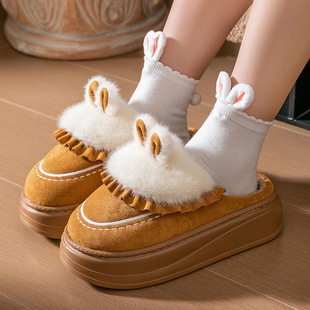 冬季新款女士加绒加厚保暖厚底高跟防滑棉拖鞋居家外穿时尚毛绒
