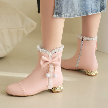 女童靴子短靴2023秋冬加绒小女孩白色高跟鞋子公主皮靴儿童马丁靴