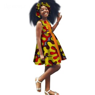 定制 African clothes 非洲几何图案休闲印花棉夏季女童连衣裙