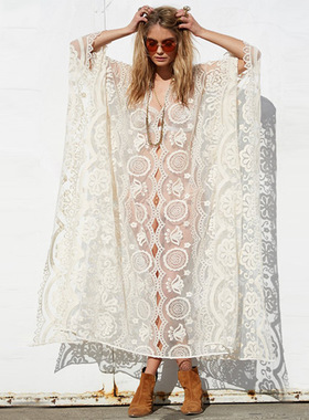 女装度假蕾丝镂空网纱长裙沙滩裙 Lace Hollow Mesh Long Dress