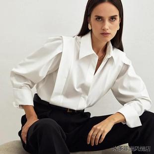 Women's shirts直角肩白色衬衫女装欧美通勤气质小众长袖衬衣上衣