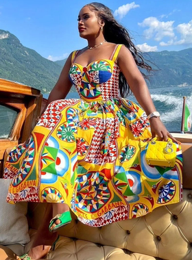 非洲女装抹胸吊带长裙海边度假收腰显瘦印花连衣裙African dress
