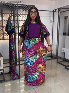 African dress非洲女装大码珠片紫色长袍印花撞色连衣裙