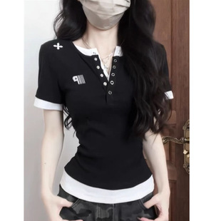 設(shè)計(jì)感修身 美式 復(fù)古假兩件撞色正肩短袖 T恤女夏季 顯瘦甜辣妹上衣