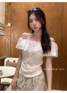 甜美风一字肩短袖 女夏季 法式 衬衫 收腰显瘦露肩上衣ins潮 新款 修身