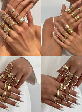 欧美饰品 ins风合金开口麻花指环戒 珍珠镂空不规则戒指套装