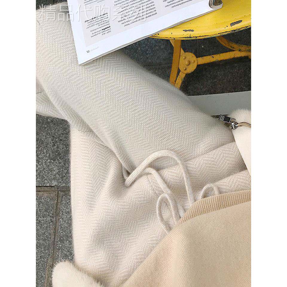 人字纹毛呢阔腿裤女秋冬韩国直筒拖地宽松垂感加厚保暖休闲长裤子