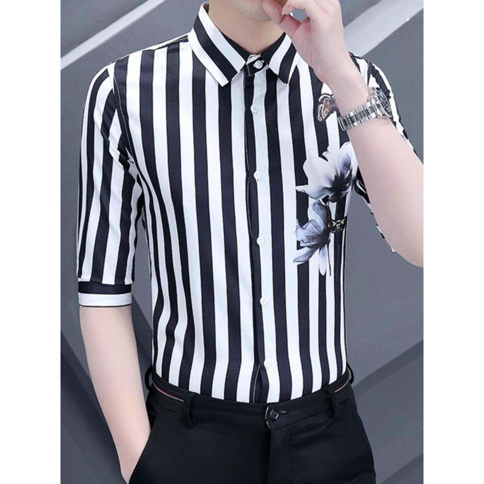 ZaSaFran~夏季衬衫男条纹中袖韩版潮流百搭休闲帅气七分短袖衬衣