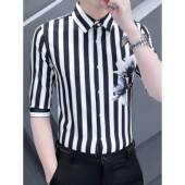 潮流百搭休闲帅气七分短袖 ZaSaFran 衬衣 男条纹中袖 韩版 夏季 衬衫