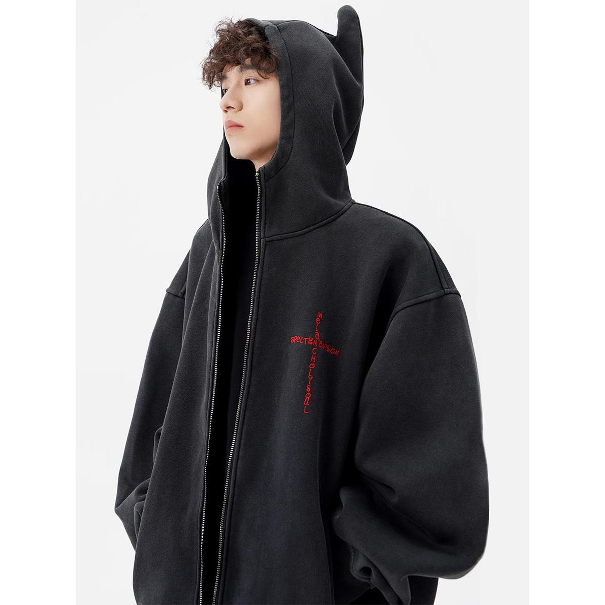 it neith BIAS潮牌美式水洗做旧连帽开衫卫衣男士刺绣设计感外套