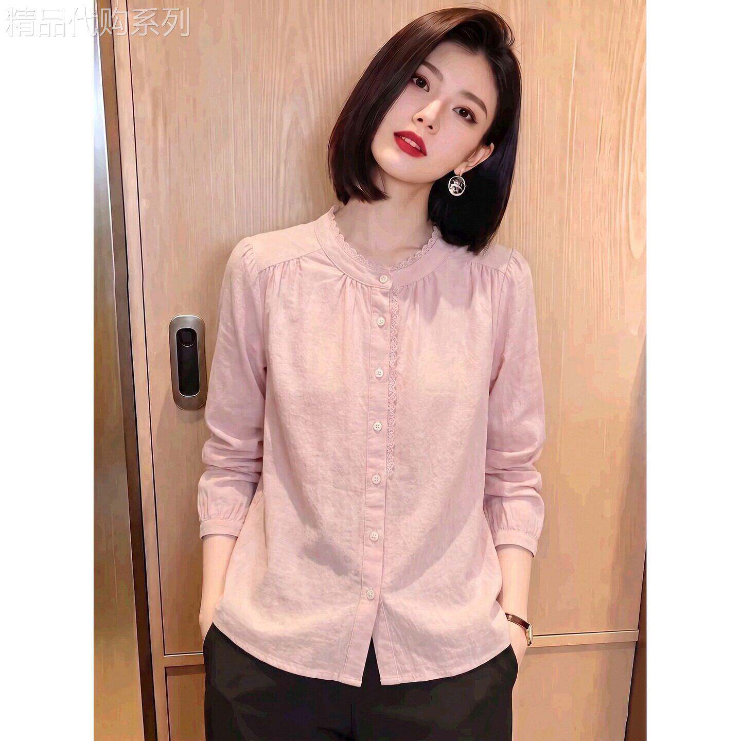 2026秋季今年流行爆款粉色圆领衬衫女百搭休闲简约风长袖开衫上衣