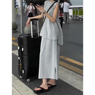 裙夏灰色设计感无袖 香港休闲套装 上衣高腰直筒显瘦半身裙两件套裙