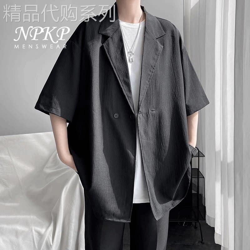 冰丝短袖西装男款夏季2025新款宽松大码压皱设计感半袖防晒服外套