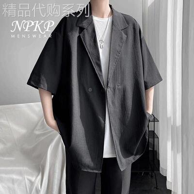 冰丝短袖西装男款夏季2025新款宽松大码压皱设计感半袖防晒服外套