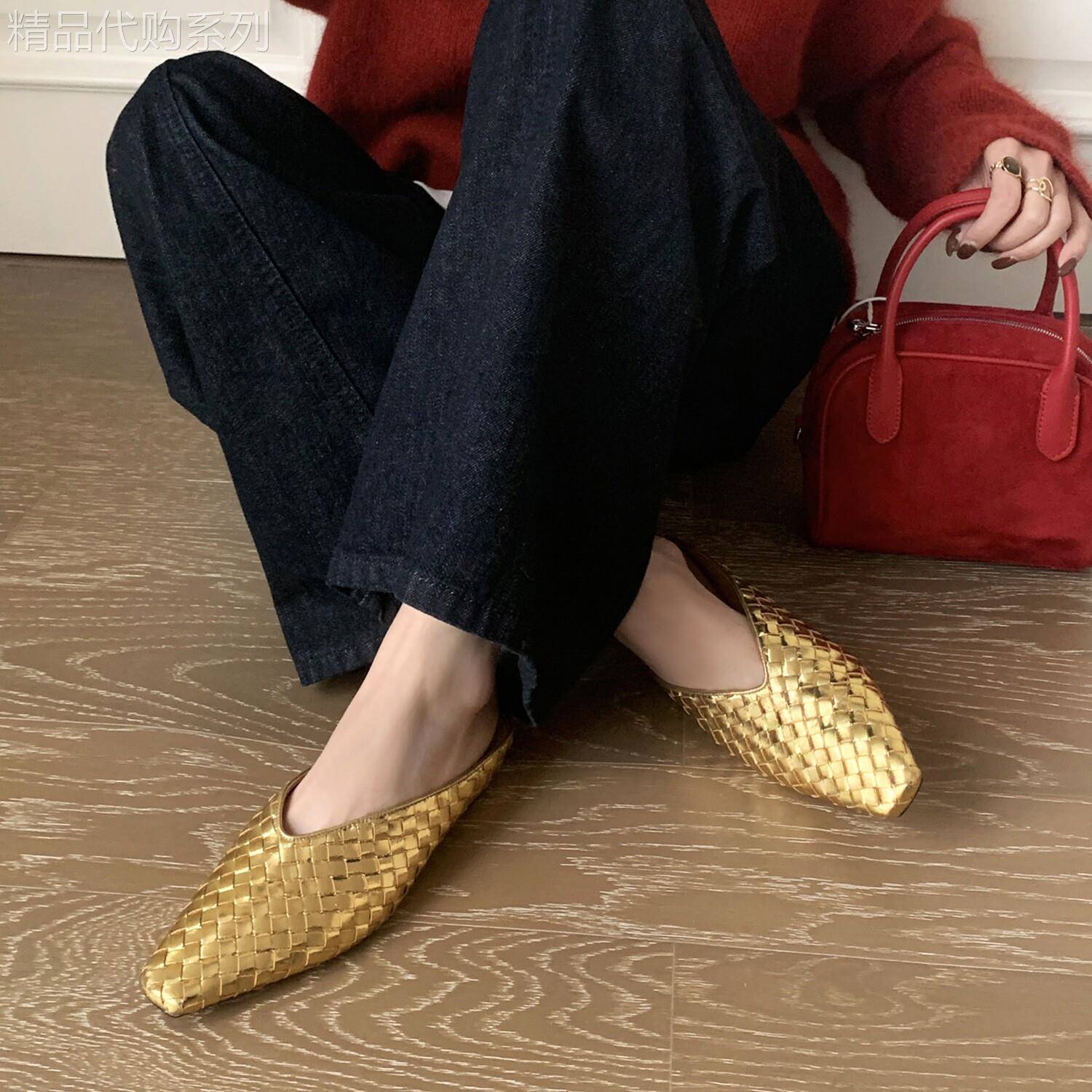 摩登时代~ 小众高级感真皮编织包头拖女外穿金色方头内增高半拖鞋